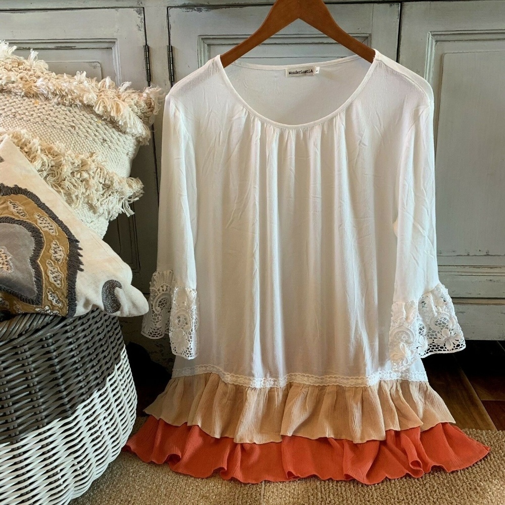 Last Few! Ruffle Hem White Lace Tunic Blouse Top - Picture 3 of 8